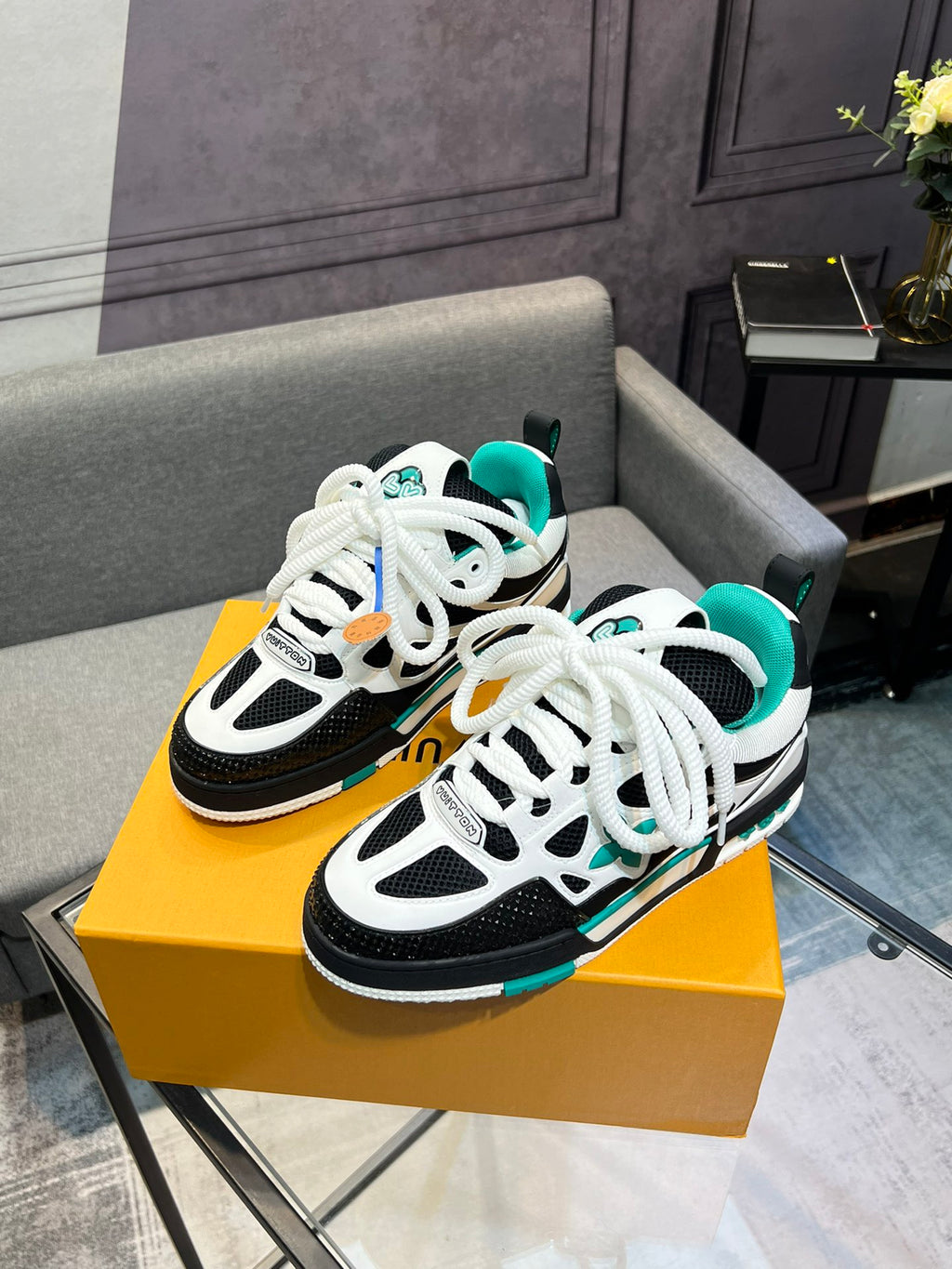 LV Trainer Sneakers - White, Black & Teal