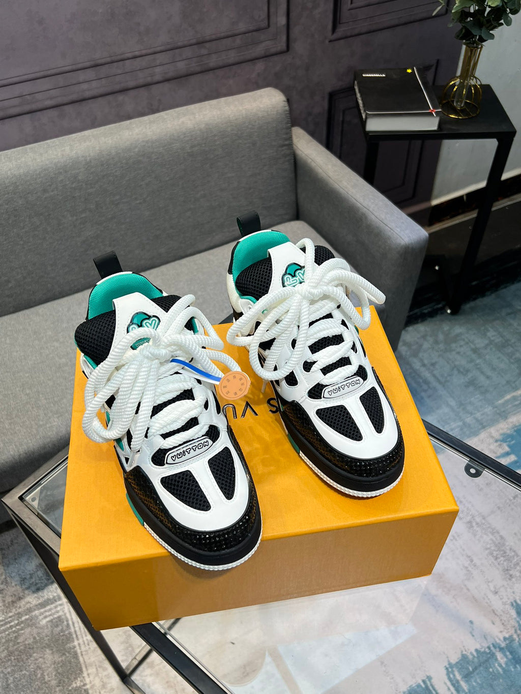 LV Trainer Sneakers - White, Black & Teal