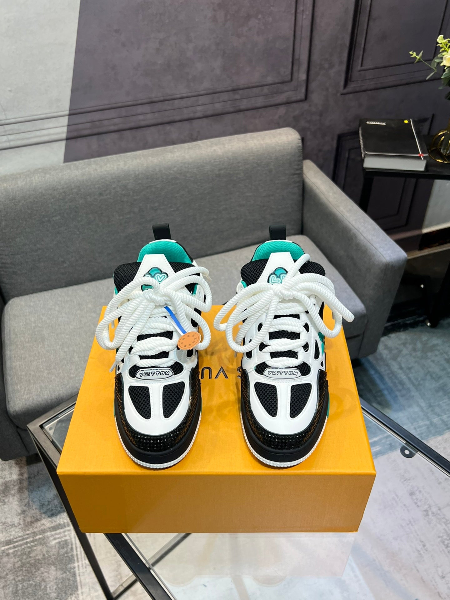LV Trainer Sneakers - White, Black & Teal