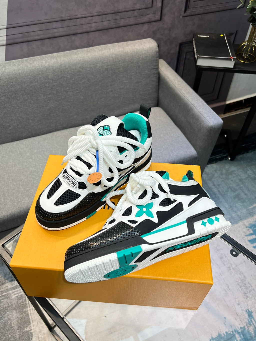 LV Trainer Sneakers - White, Black & Teal