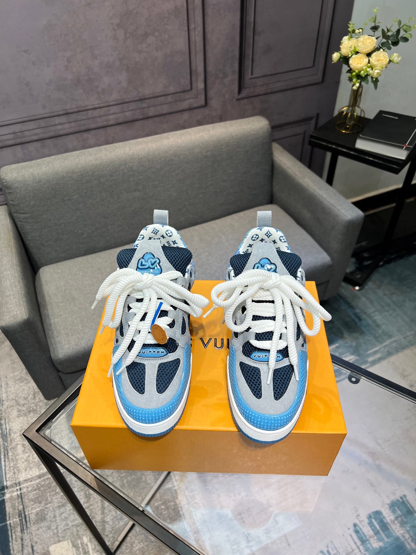LV Trainer Sneakers - Sky Blue, Navy & White