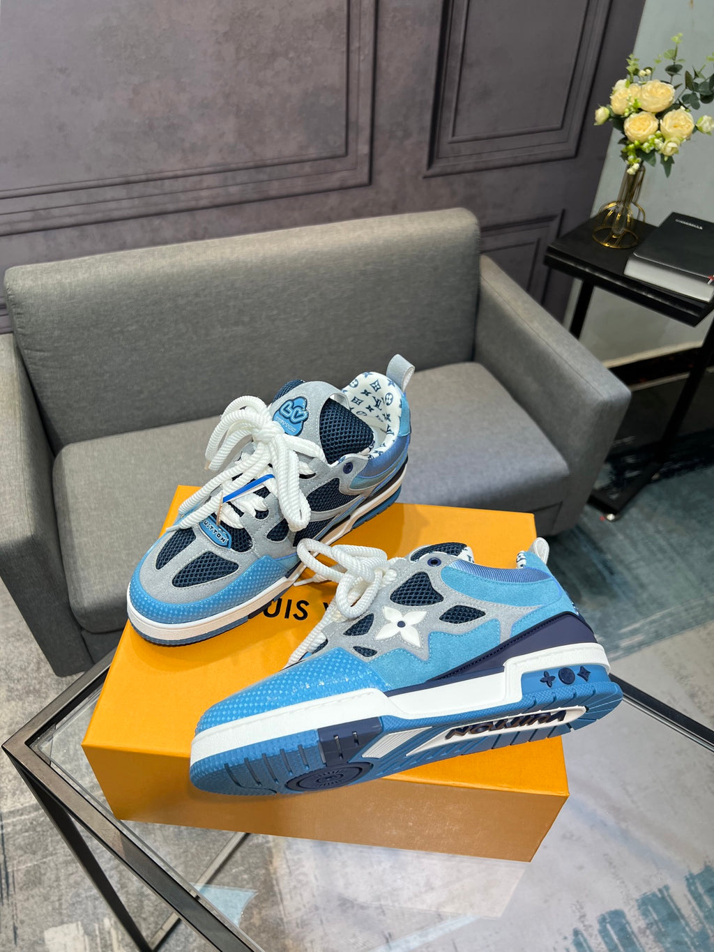LV Trainer Sneakers - Sky Blue, Navy & White