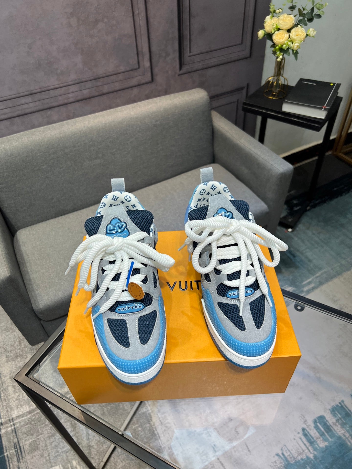 LV Trainer Sneakers - Sky Blue, Navy & White
