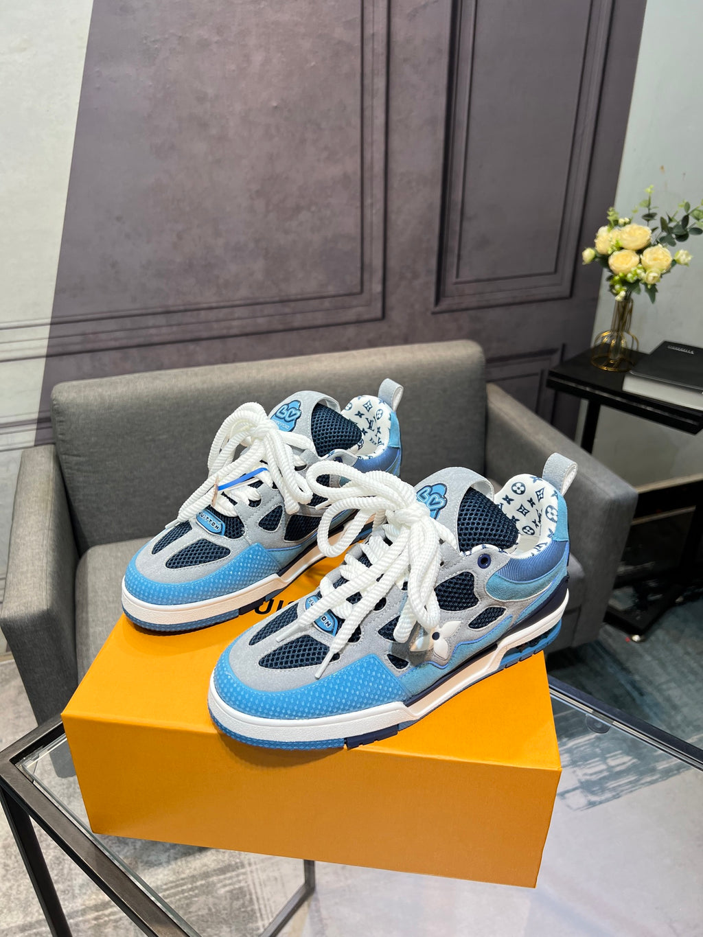 LV Trainer Sneakers - Sky Blue, Navy & White