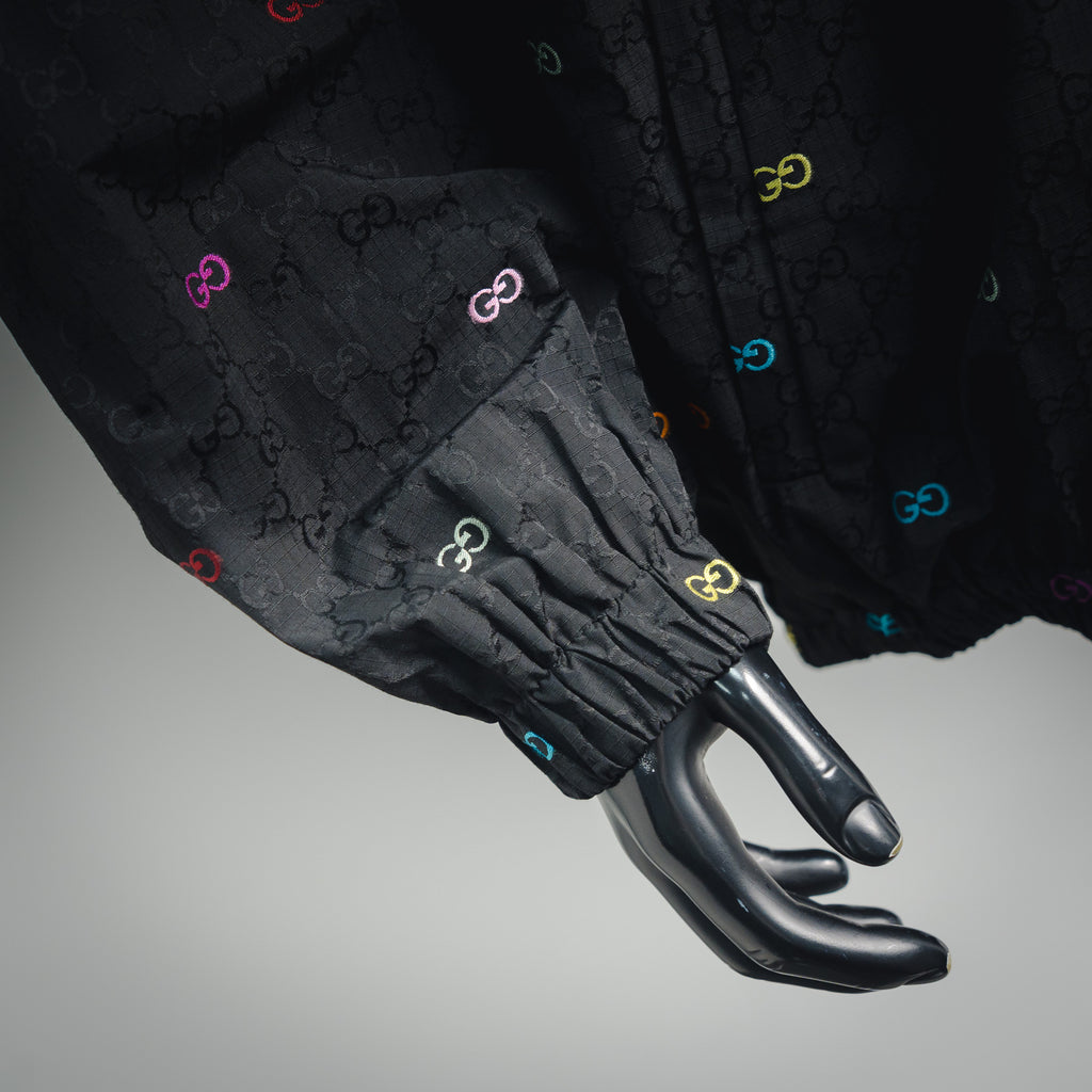 Gucci GG Jacquard Canvas Multicolour Embroidered GG Hooded Windbreaker Jacket — Black