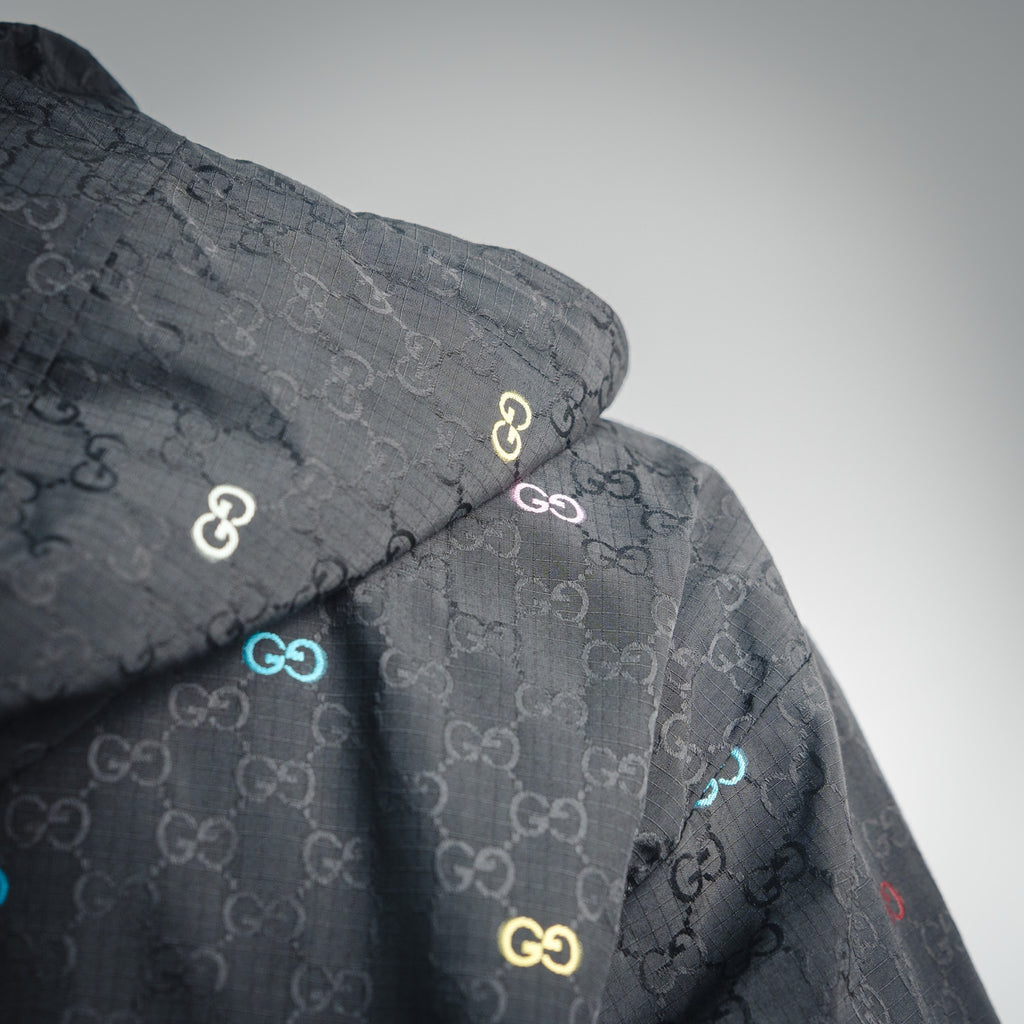 Gucci GG Jacquard Canvas Multicolour Embroidered GG Hooded Windbreaker Jacket — Black
