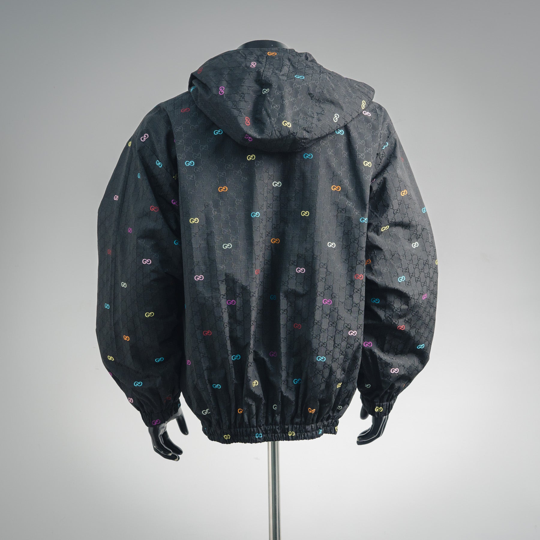Gucci GG Jacquard Canvas Multicolour Embroidered GG Hooded Windbreaker Jacket — Black