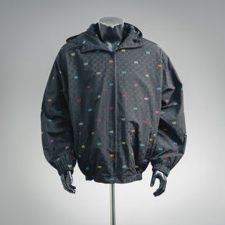 Gucci GG Jacquard Canvas Multicolour Embroidered GG Hooded Windbreaker Jacket — Black