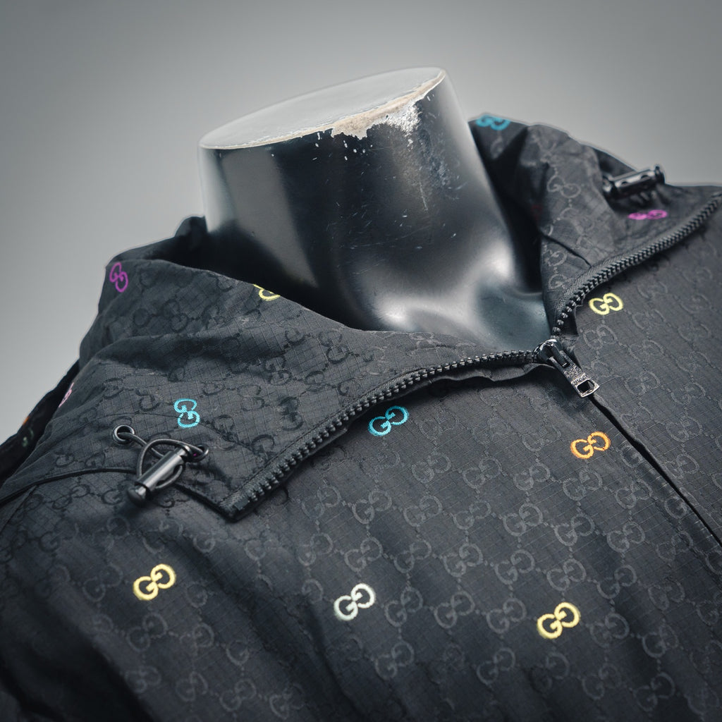 Gucci GG Jacquard Canvas Multicolour Embroidered GG Hooded Windbreaker Jacket — Black