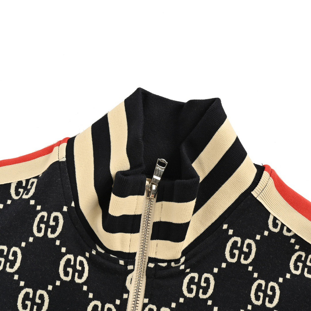 Gucci GG Jacquard Knit Zip-Up Track Jacket — Black/Cream/Red Web Stripe