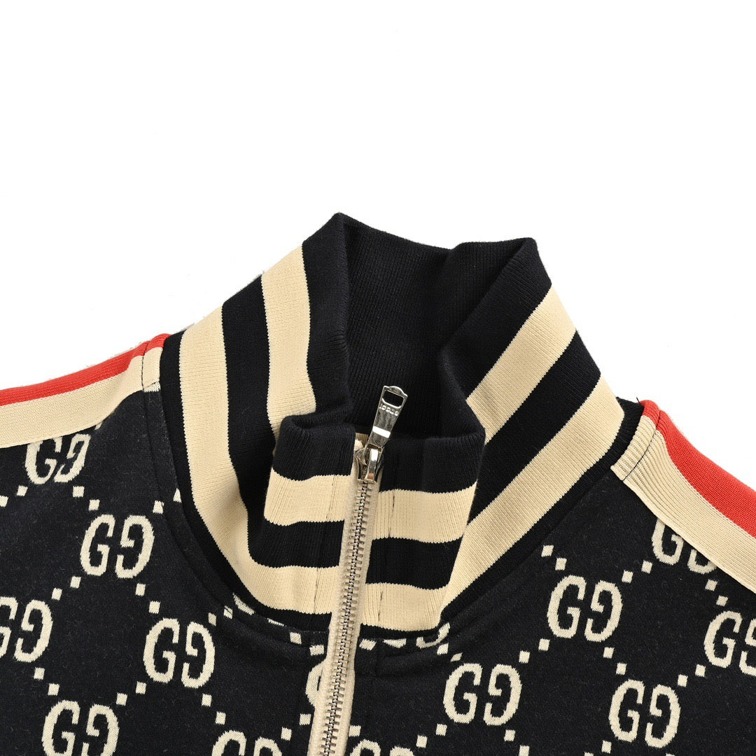 Gucci GG Jacquard Knit Zip-Up Track Jacket — Black/Cream/Red Web Stripe