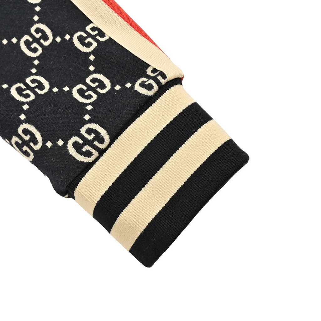 Gucci GG Jacquard Knit Zip-Up Track Jacket — Black/Cream/Red Web Stripe