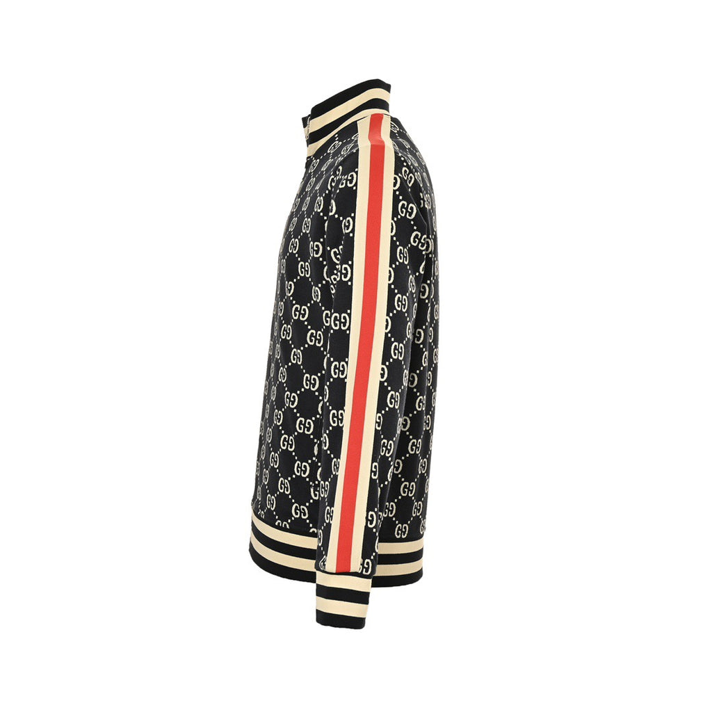 Gucci GG Jacquard Knit Zip-Up Track Jacket — Black/Cream/Red Web Stripe