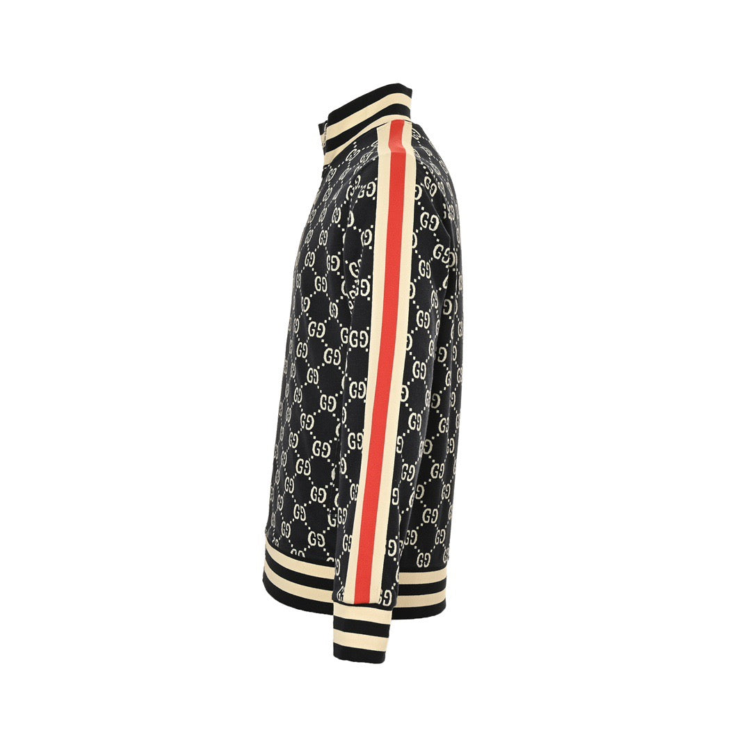 Gucci GG Jacquard Knit Zip-Up Track Jacket — Black/Cream/Red Web Stripe