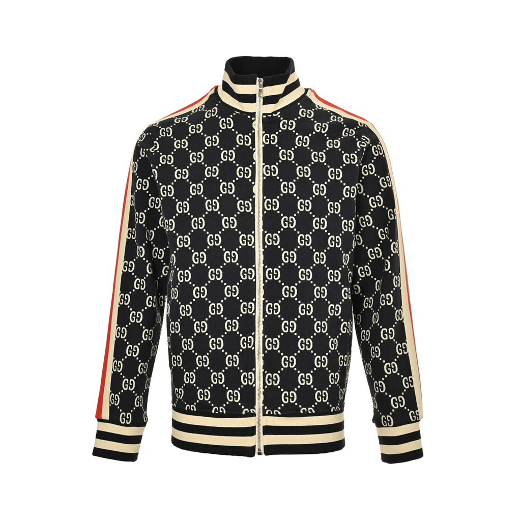 Gucci GG Jacquard Knit Zip-Up Track Jacket — Black/Cream/Red Web Stripe