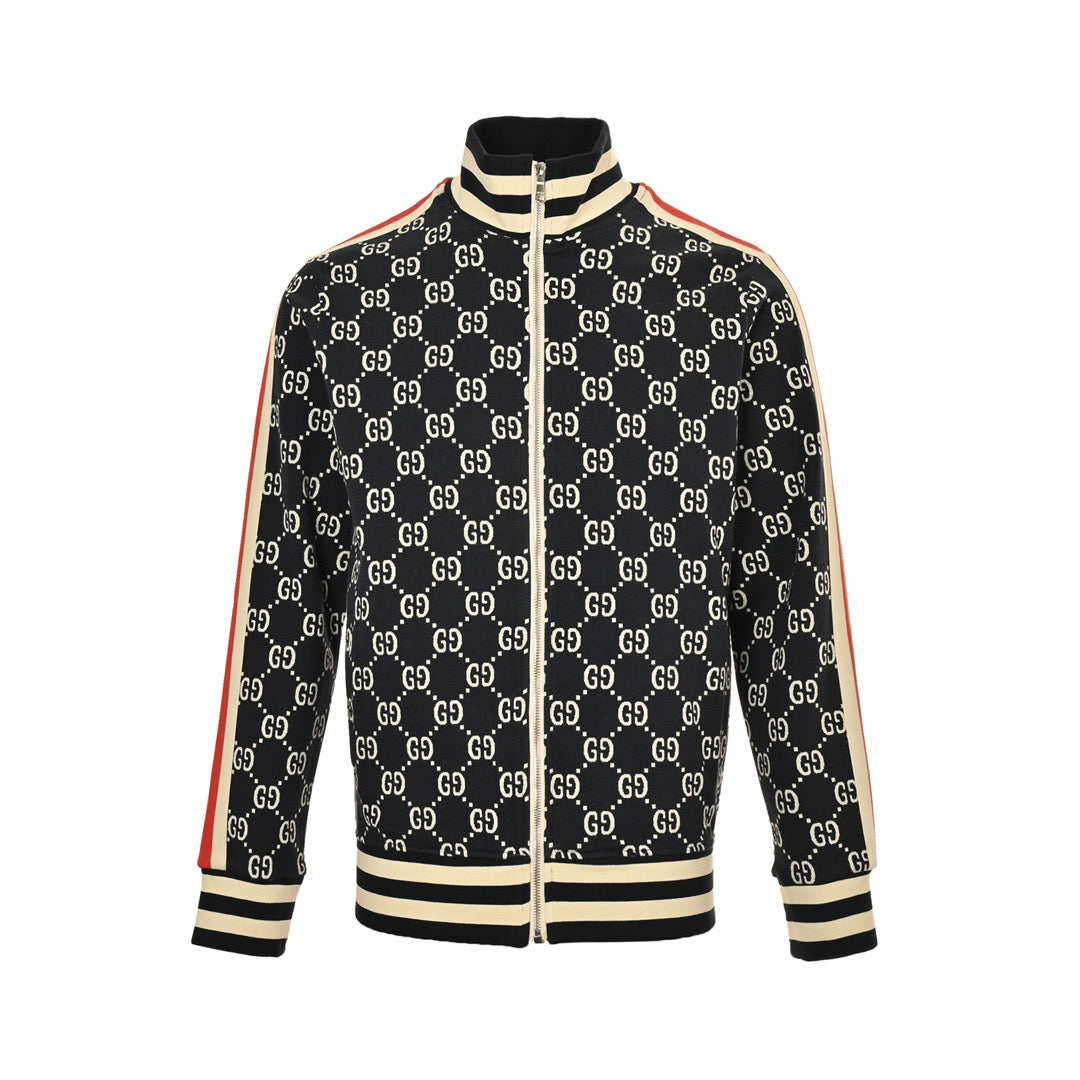 Gucci GG Jacquard Knit Zip-Up Track Jacket — Black/Cream/Red Web Stripe