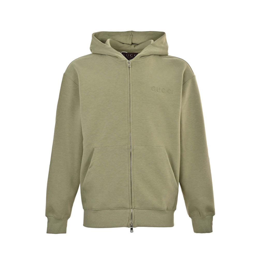 Gucci Cotton Fleece Tonal Logo Zip-Up Hoodie — Sage Green