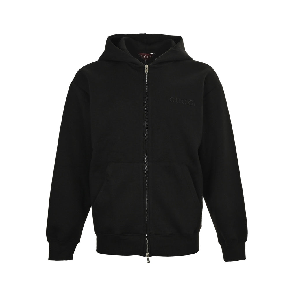 Gucci Cotton Fleece Tonal Logo Zip-Up Hoodie — Black