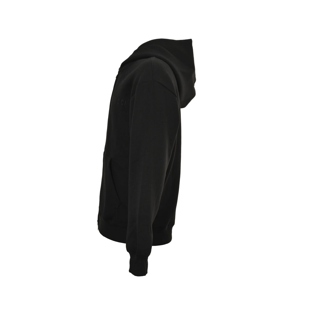 Gucci Cotton Fleece Tonal Logo Zip-Up Hoodie — Black
