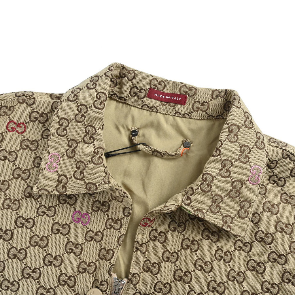 Gucci GG Supreme Canvas Multicolour Embroidered GG Zip-Up Overshirt Jacket — Beige