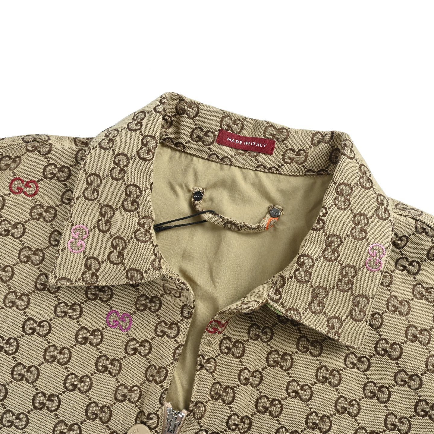 Gucci GG Supreme Canvas Multicolour Embroidered GG Zip-Up Overshirt Jacket — Beige