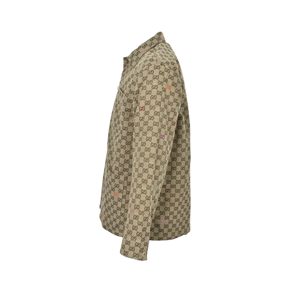 Gucci GG Supreme Canvas Multicolour Embroidered GG Zip-Up Overshirt Jacket — Beige