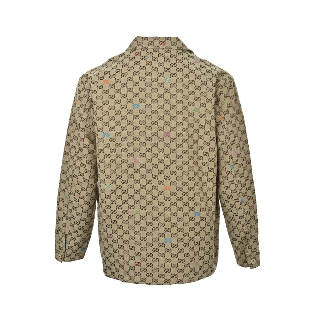 Gucci GG Supreme Canvas Multicolour Embroidered GG Zip-Up Overshirt Jacket — Beige