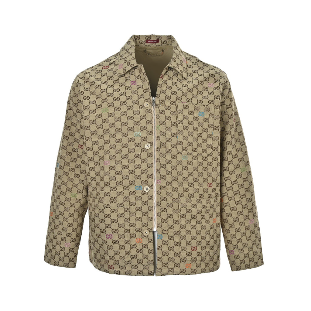 Gucci GG Supreme Canvas Multicolour Embroidered GG Zip-Up Overshirt Jacket — Beige